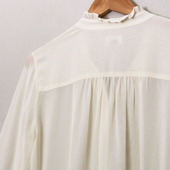 Aritzia Wilfred Ruffle High Neck Button Front Blouse Shirt S Cream Semi Sheer - Picture 12 of 15